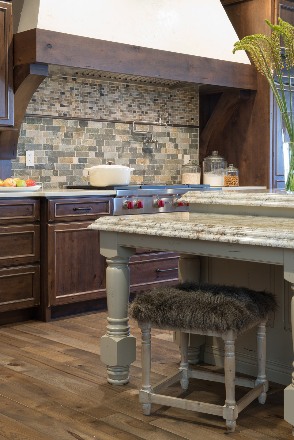Ashland door style in Alder wood with Russet finish by Karr Bick Kitchen and Bath Island Ashland door in custom color match