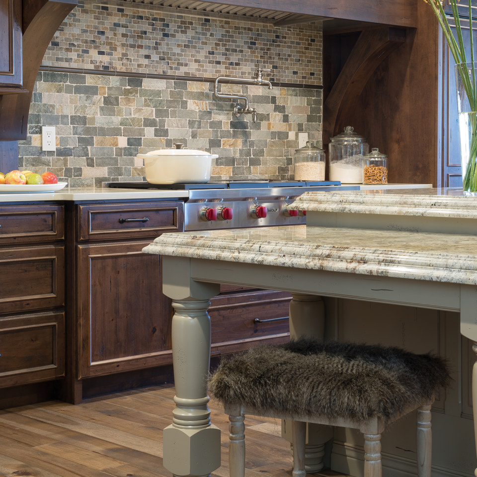 Ashland door style in Alder wood with Russet finish by Karr Bick Kitchen and Bath Island Ashland door in custom color match
