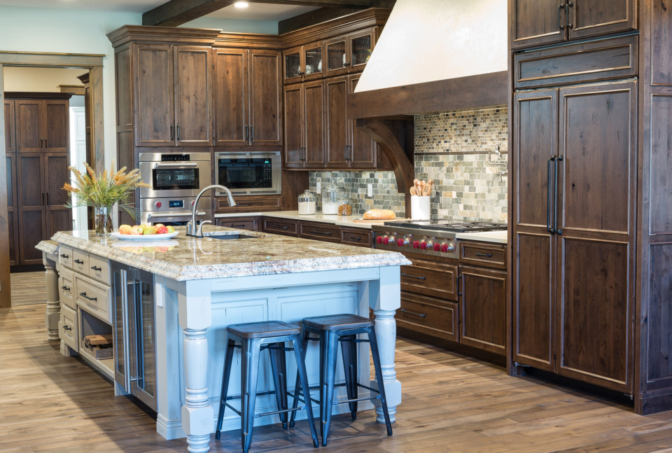 Ashland door style in Alder wood with Russet finish by Karr Bick Kitchen and Bath Island Ashland door in custom color match