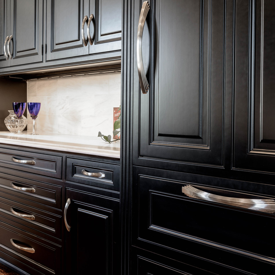 Milan P-Raised door style in painted Maple wood Ebony color by Counterpoint Kitchen & Bath