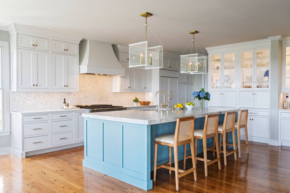 Door Style/Color: Amity door Beaded Inset in Painted Maple White and Sky (island) by @meverscustomkitchens