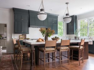 Door Style/Color: Inset Ridgeland Door style on Basil Opaque Finish. Island: Inset Plaza Door in Walnut with Mink stain Created by Karr Bick photo by Lisa Mitchell