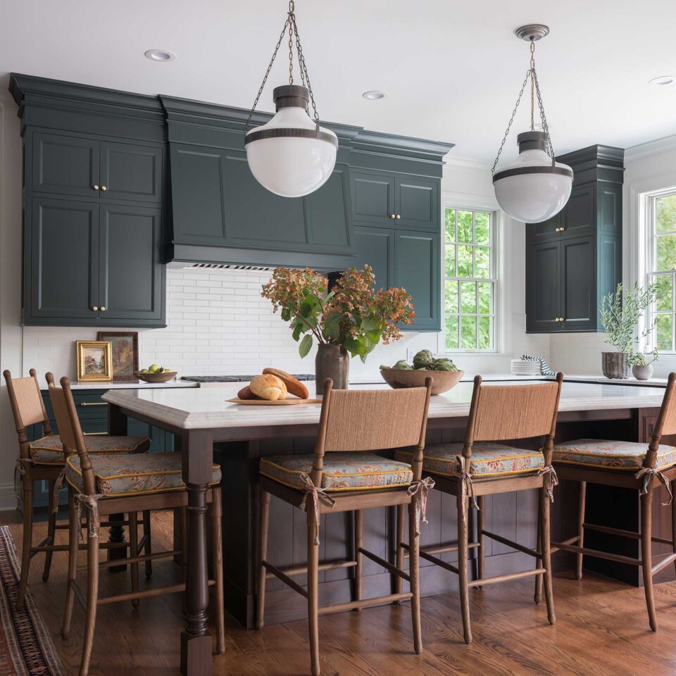 Door Style/Color: Inset Ridgeland Door style on Basil Opaque Finish. Island: Inset Plaza Door in Walnut with Mink stain Created by Karr Bick photo by Lisa Mitchell