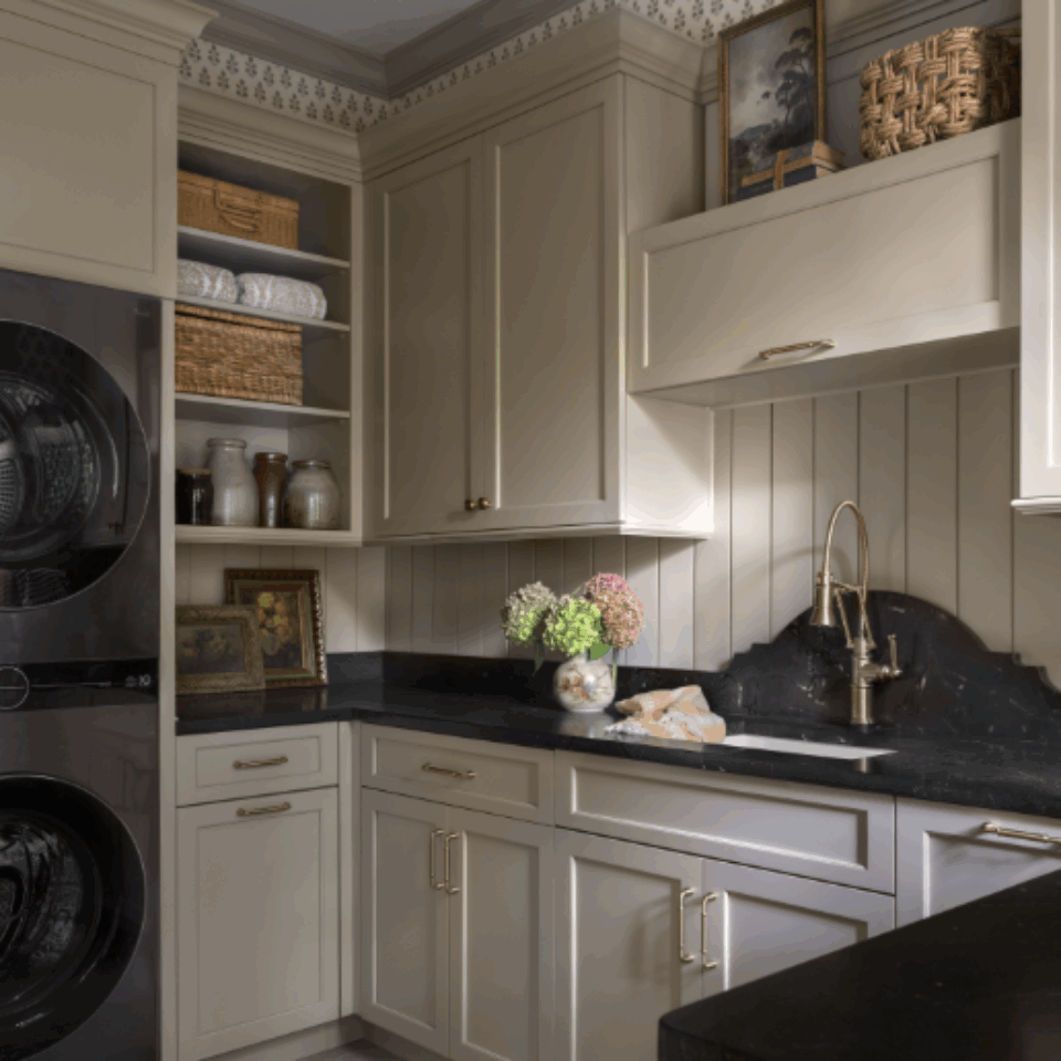 Door Style/Color: Euro Plaza Door painted maple in Taupe Opaque finish Created by Karr Bick photo by Lisa Mitchell